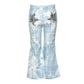 Metallic Print Denim Bell Bottom Pants w/ Sequin Star Detail