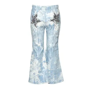 Metallic Print Denim Bell Bottom Pants w/ Sequin Star Detail