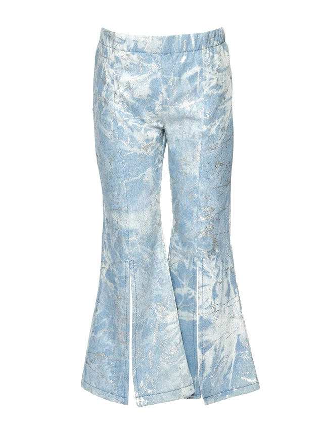 Metallic Print Denim Bell Bottom Pants w/ Sequin Star Detail