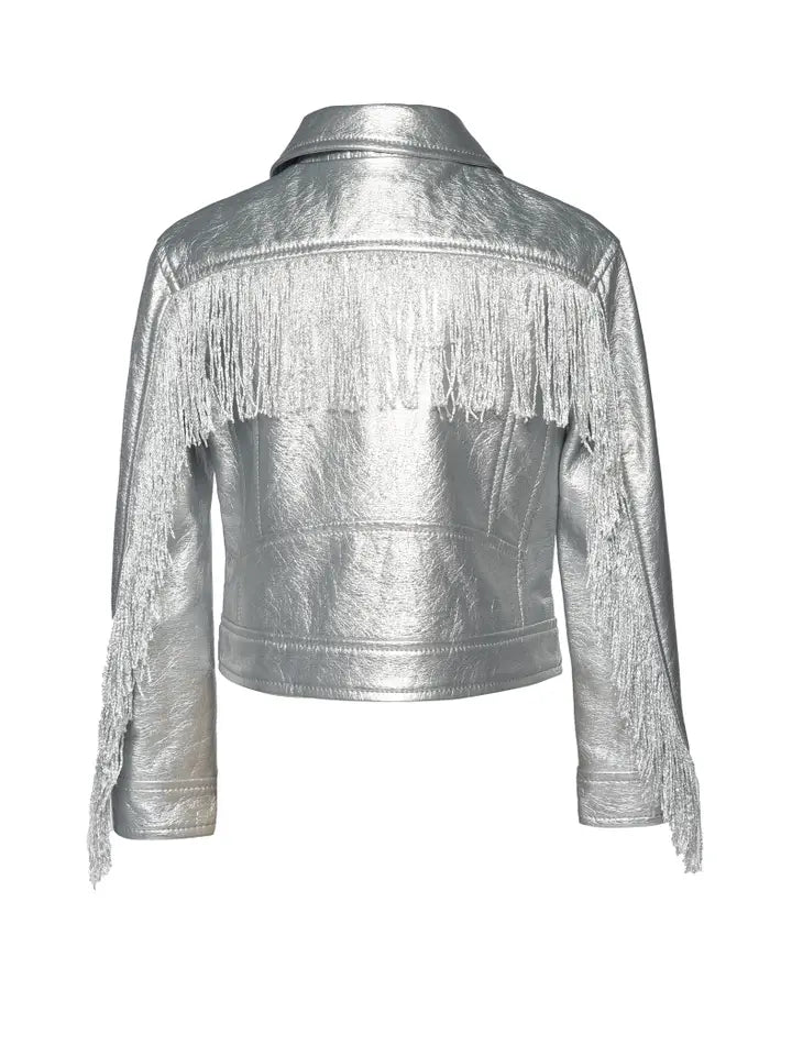 Faux Leather Metallic Moto Jacket with Fringe Back Detail